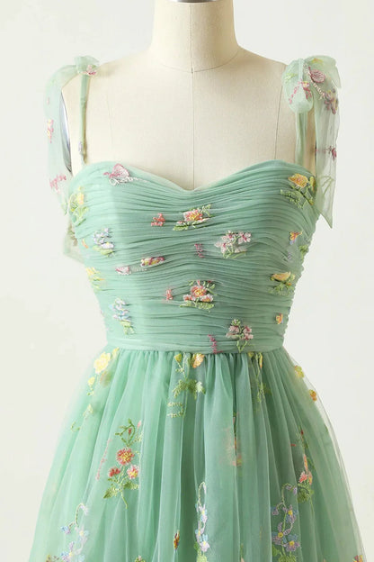 Beaira A-line Green Straps Sweetheart Floral Tulle Prom Dress Green Tulle Evening Dress