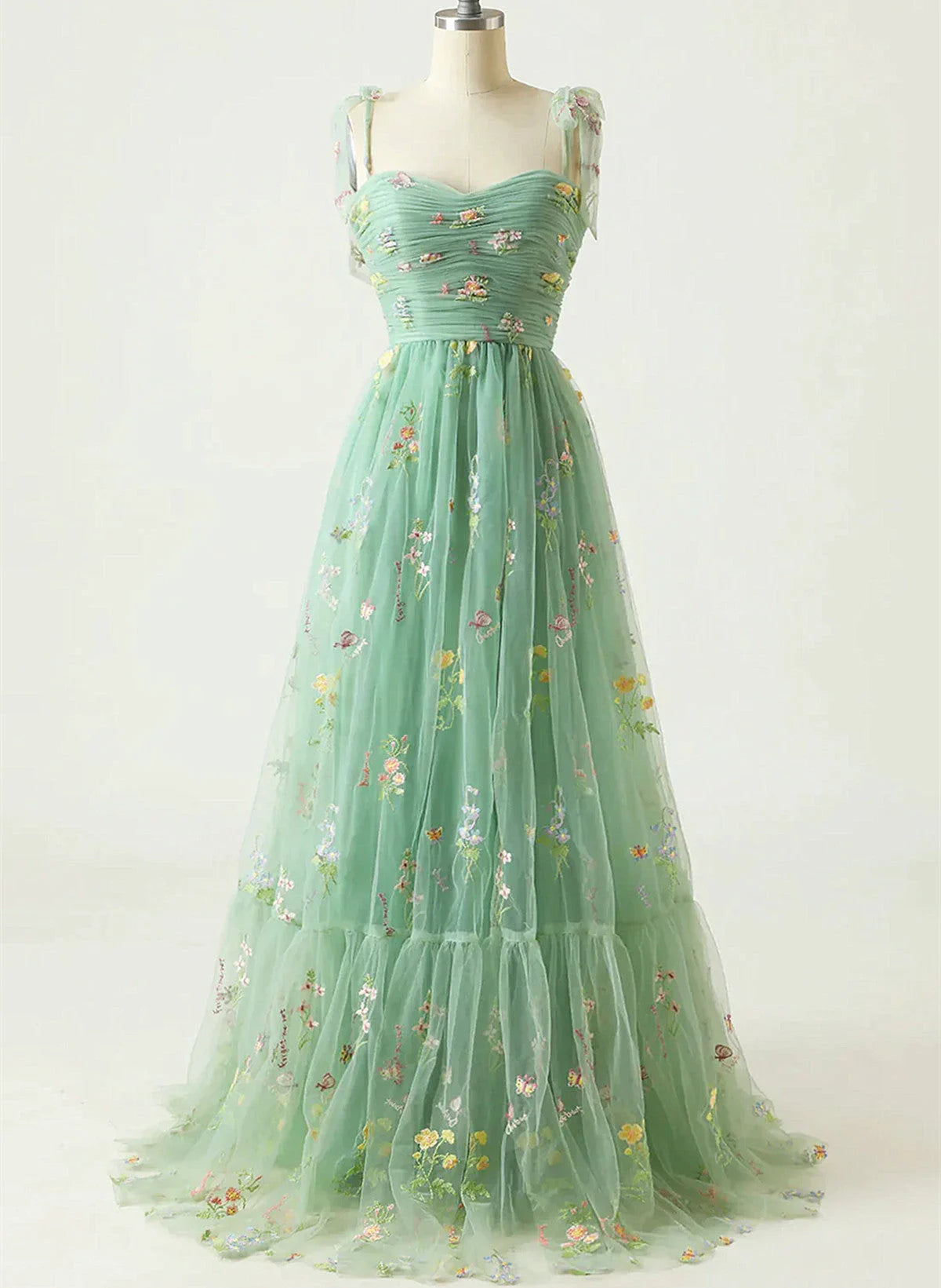 Beaira A-line Green Straps Sweetheart Floral Tulle Prom Dress Green Tulle Evening Dress