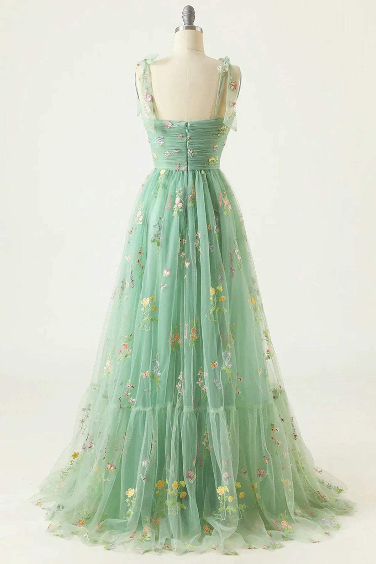 Beaira A-line Green Straps Sweetheart Floral Tulle Prom Dress Green Tulle Evening Dress