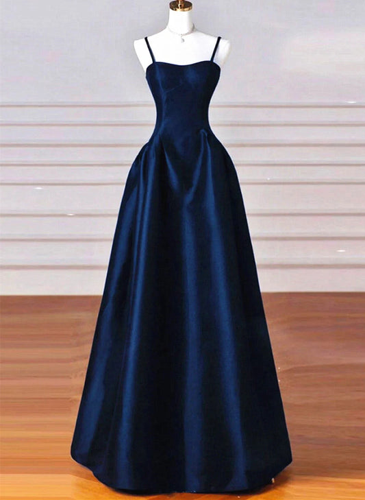 Beaira A-line Navy Blue Satin Straps Long Formal Dress Navy Blue Prom Dress