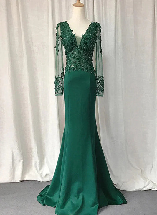 Beaira Green Mermaid Long Sleeves with Lace Applique Evening Dress Green Prom Dress