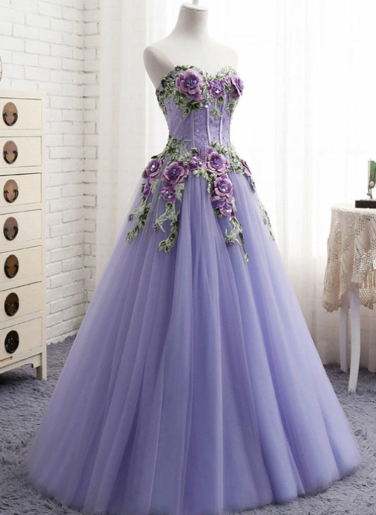 Beaira Lavender Tulle with Flower and Lace Sweet 16 Dress Lavender Long Party Dress