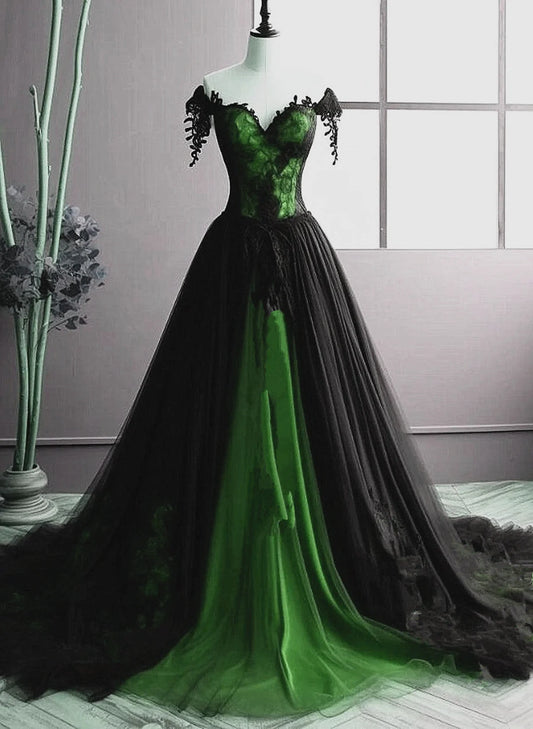 Beaira A-line Black and Green Sweetheart Tulle Long Party Dress Black and Green Evening Dress