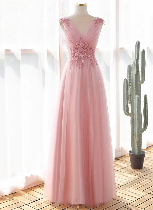 Beaira A-line Prom Dress V-neckline Lace Applique Party Dress Pink Bridesmaid Dress