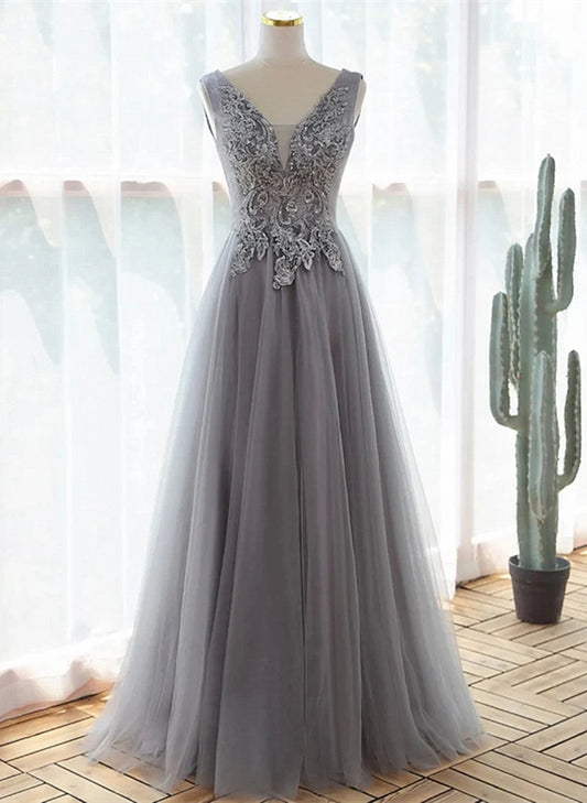 Beaira Grey A-line Tulle with Lace Long Formal Dress Grey V-neckline Prom Dress