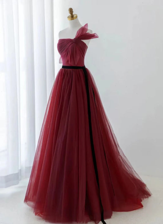 Beaira Wine Red Tulle A-line Prom Dress Formal Dress Wine Red Party Dress