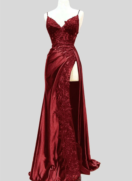 Beaira Wine Red Satin with Lace Formal Dress Wine Red Evening Dress Prom Dress