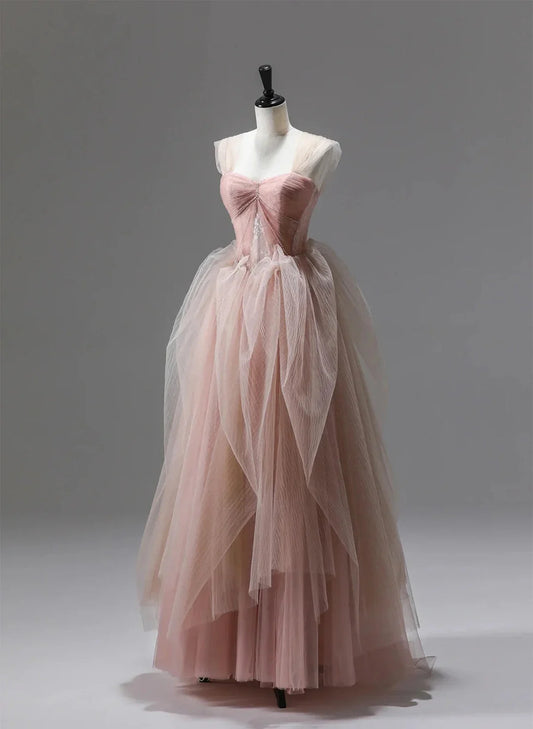 Beaira Pink Tulle Beaded Long Party Dress Prom Dress Pink Floor Length Formal Dress