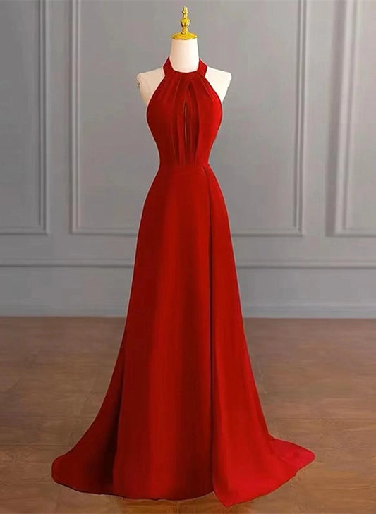 Beaira Red Halter A-line Simple Formal Dress Red Long Evening Dress Party Dress