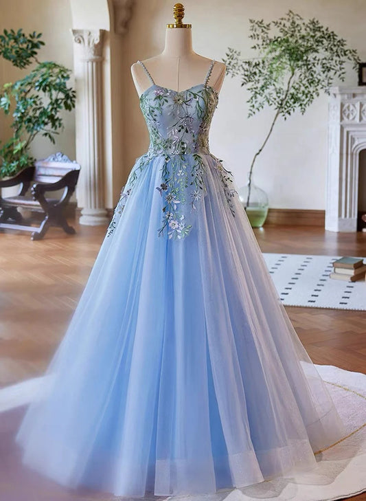 Beaira Light Blue Tulle Straps with Lace Applique Prom Dress Light Blue Party Dress