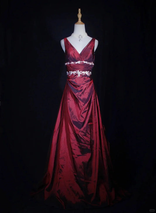 Beaira Pretty Wine Red Taffeta V-neckline Long Prom Dress Wine Red Vintage Party Dress