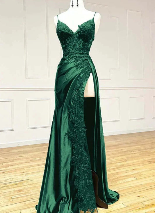 Beaira Dark Green Satin with Lace Long Party Dress Green Straps Prom Dress