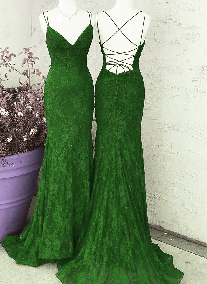 Beaira Green Lace Cross Back Mermaid Long Party Dress Green Lace Evening Dress Prom Dress