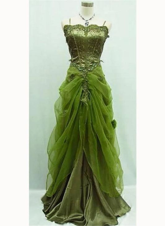 Beaira Green Tulle Beaded Straps Long Party Dress Vintage Green Prom Dress