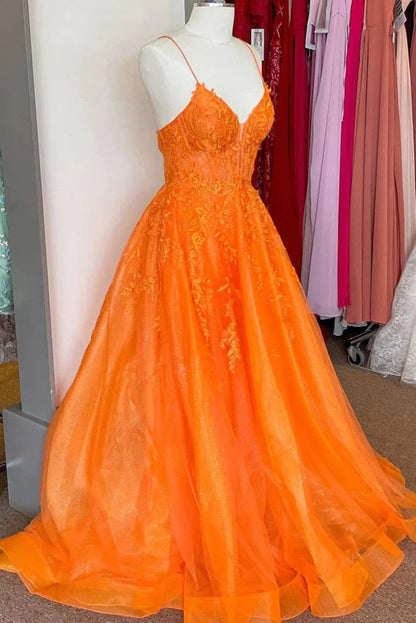 Beaira A Line V Neck Orange Lace Long Prom Dress Orange Lace Formal Dress Orange Evening Dress