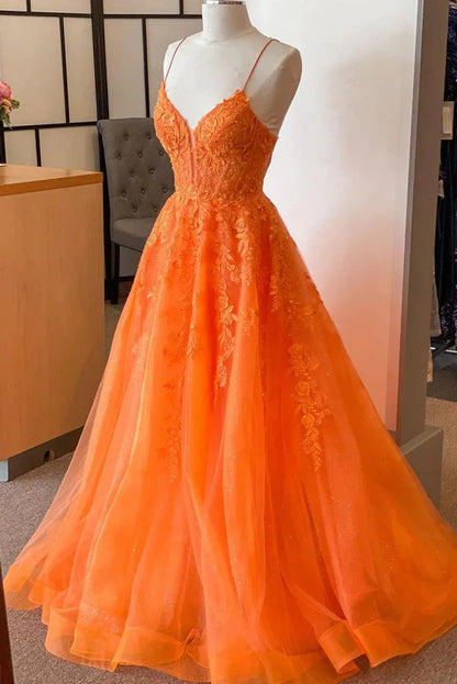 Beaira A Line V Neck Orange Lace Long Prom Dress Orange Lace Formal Dress Orange Evening Dress