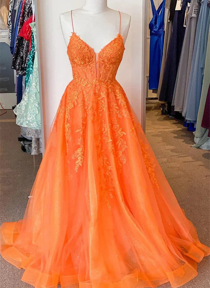 Beaira A Line V Neck Orange Lace Long Prom Dress Orange Lace Formal Dress Orange Evening Dress