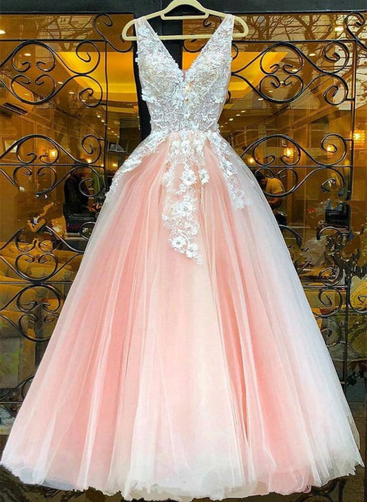 Beaira Pink V-neckline Tulle with Lace Long Party Dress Pink Tulle Formal Gown