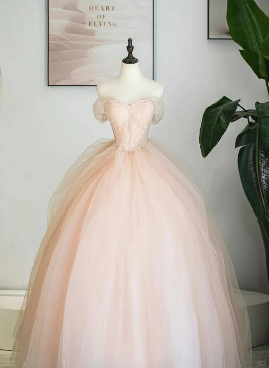 Beaira Pink Sweetheart Beaded Off Shoulder Prom Dress Pink Tulle Sweet 16 Dress