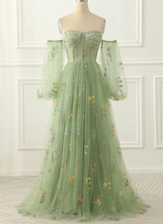 Beaira Green Tulle Off The Shoulder A-Line Prom Dress Floral Tulle Party Dress