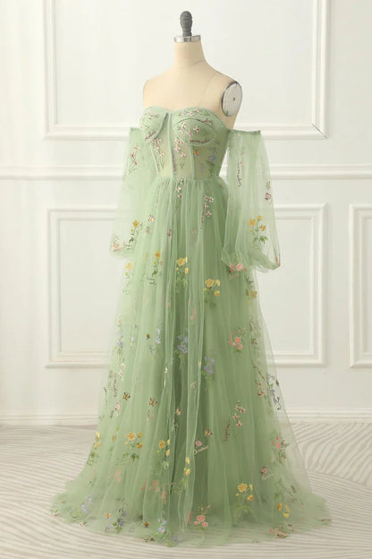 Beaira Green Tulle Off The Shoulder A-Line Prom Dress Floral Tulle Party Dress