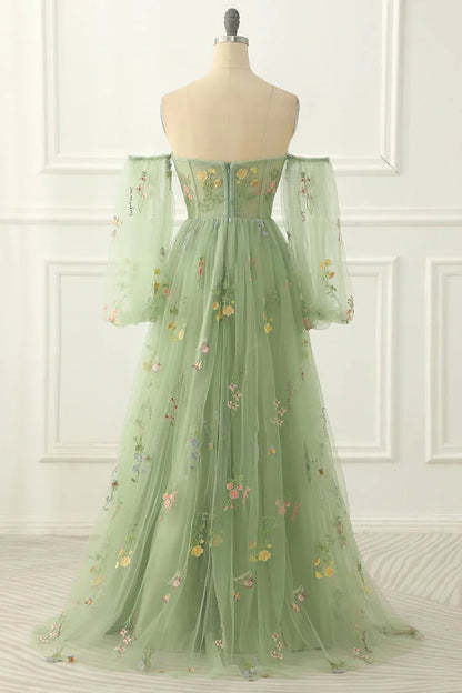 Beaira Green Tulle Off The Shoulder A-Line Prom Dress Floral Tulle Party Dress