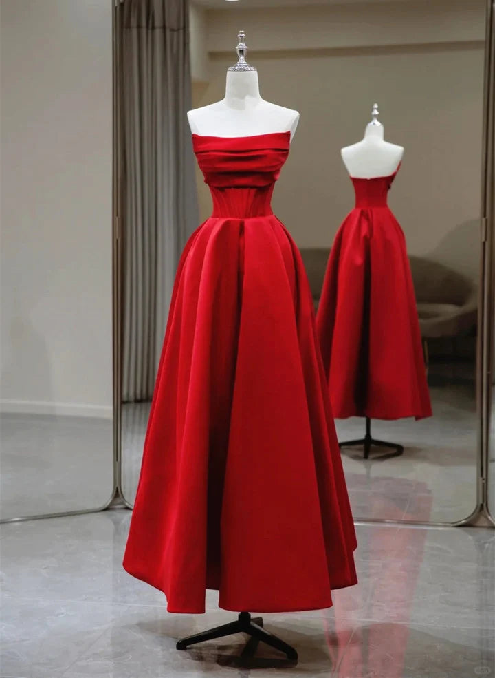 Beaira Red Satin Simple Long Party Dress Red Satin Prom Dress Evening Dress