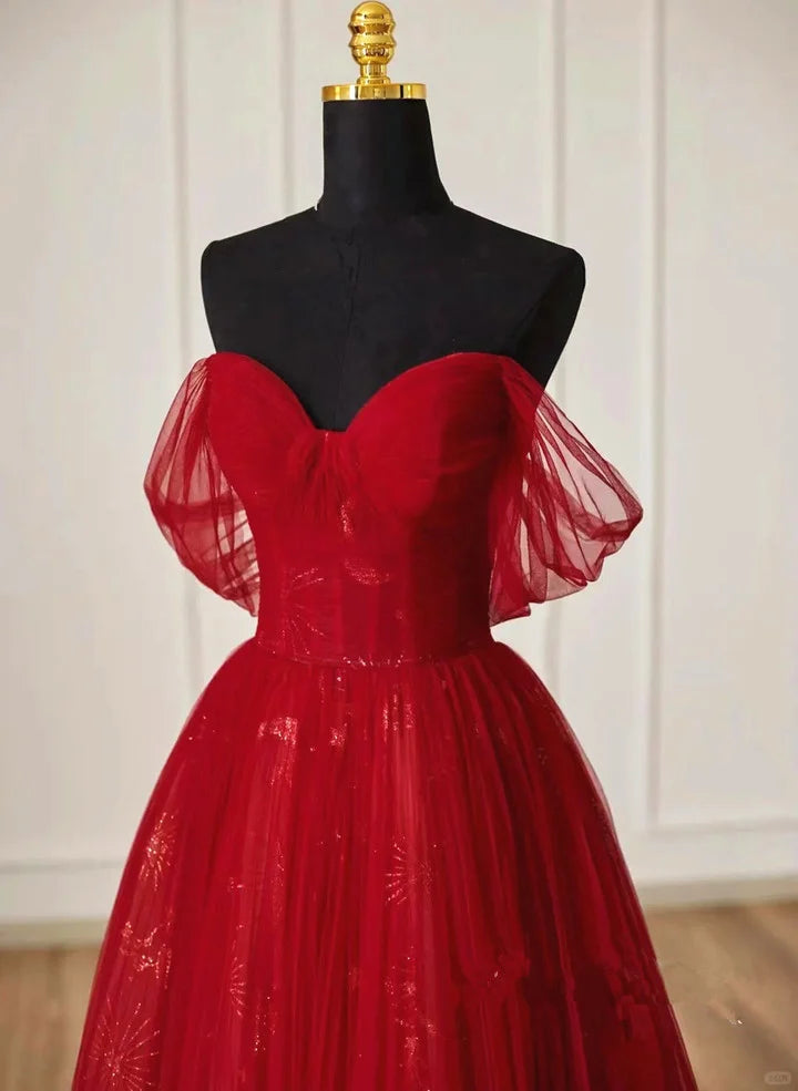 Beaira Cute Wine Red Tulle Sweetheart Off Shoulder Prom Dress Wine Red Long Party Dress