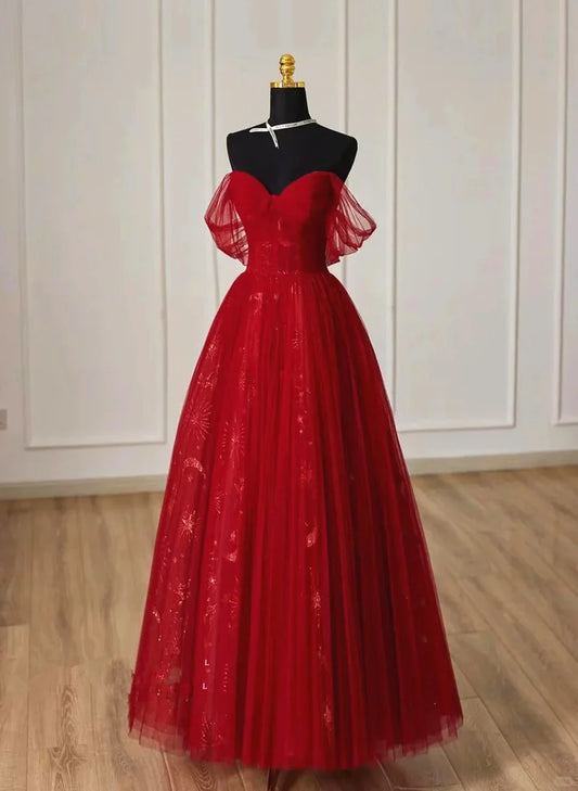 Beaira Cute Wine Red Tulle Sweetheart Off Shoulder Prom Dress Wine Red Long Party Dress