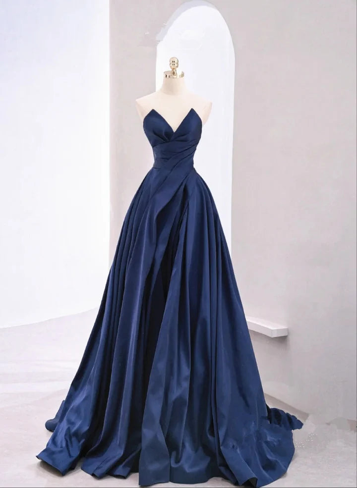 Beaira Navy Blue Tulle Long Party Dress Navy Blue Satin Prom Dress