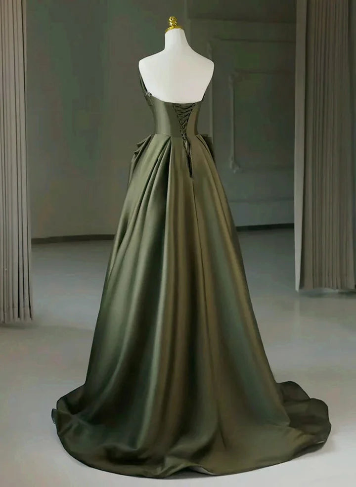 Beaira Dark Green Satin V-neckline Floor Length Prom Dress Dark Green Party Dress