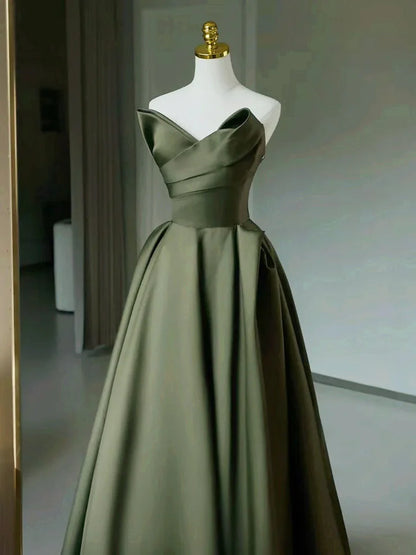 Beaira Dark Green Satin V-neckline Floor Length Prom Dress Dark Green Party Dress