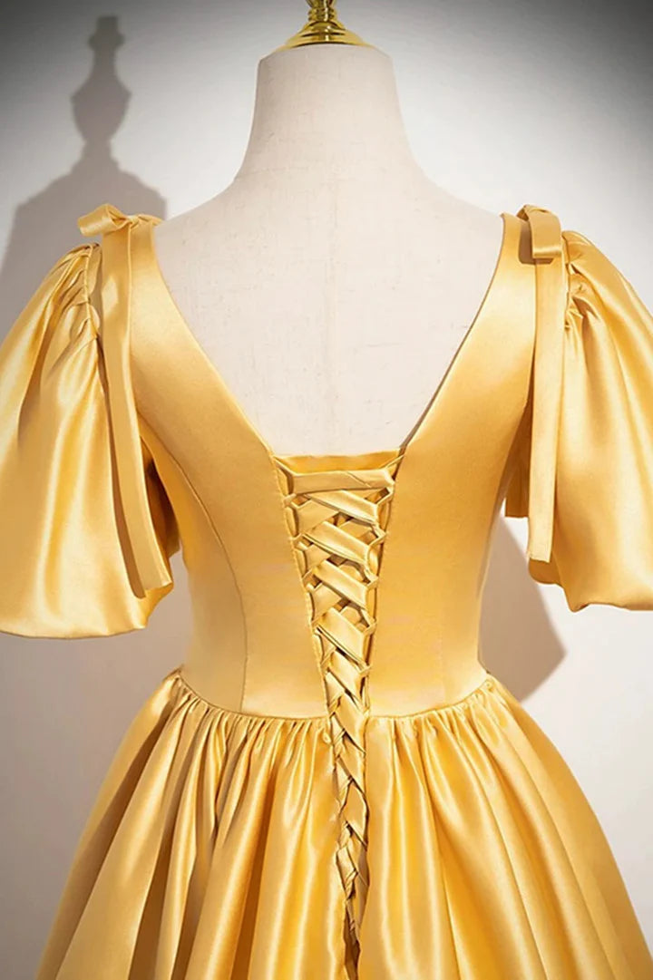 Beaira A-line Yellow Satin V-neckline Long Prom Dress Yellow Satin Evening Dress