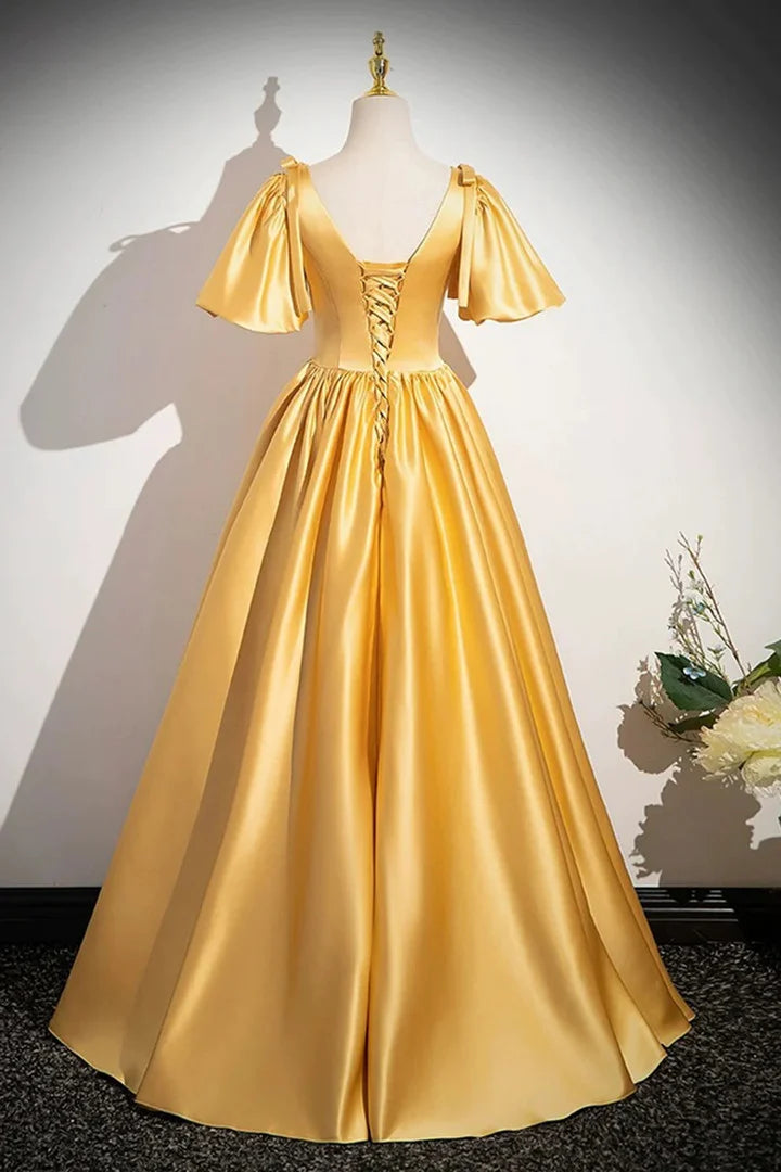 Beaira A-line Yellow Satin V-neckline Long Prom Dress Yellow Satin Evening Dress