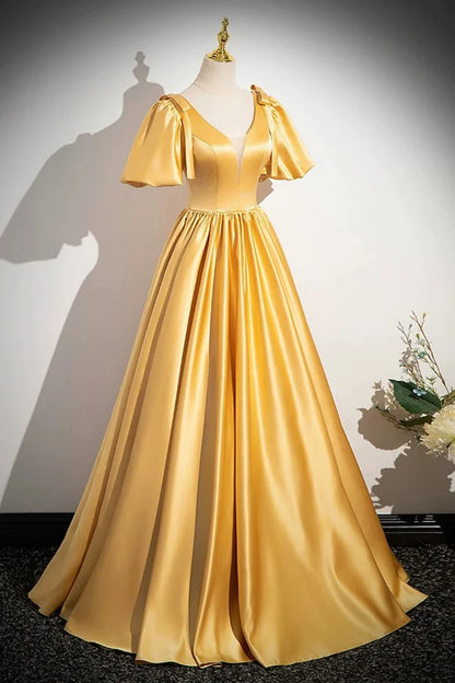 Beaira A-line Yellow Satin V-neckline Long Prom Dress Yellow Satin Evening Dress