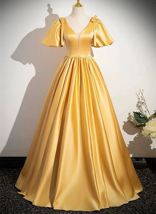 Beaira A-line Yellow Satin V-neckline Long Prom Dress Yellow Satin Evening Dress