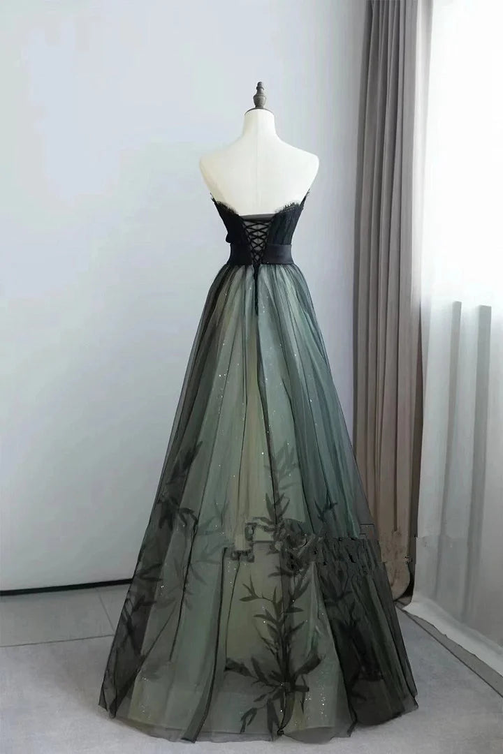 Beaira Elegant Black and Green Tulle with Lace Long Prom Dress Tulle Party Dress