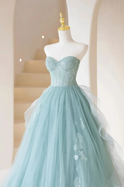 Beaira A-line Tulle Strapless Long Prom Dress A-Line Tulle Formal Evening Dress