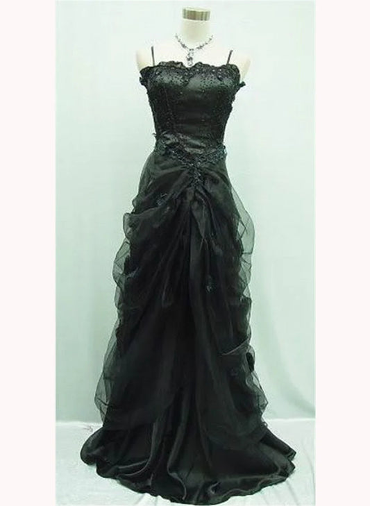 Beaira Black Satin and Tulle Straps Beaded Long Party Dress A-line Black Prom Dress