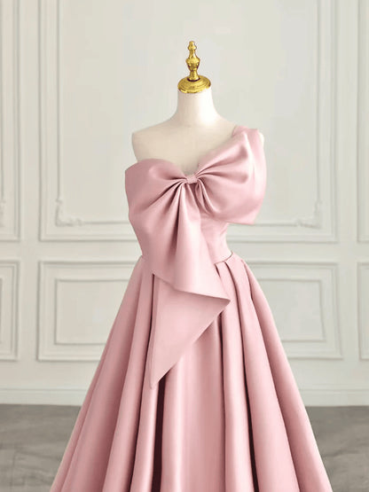 Beaira Pink Satin Long A-line Prom Dress Pink Satin Party Dress Evening Dress