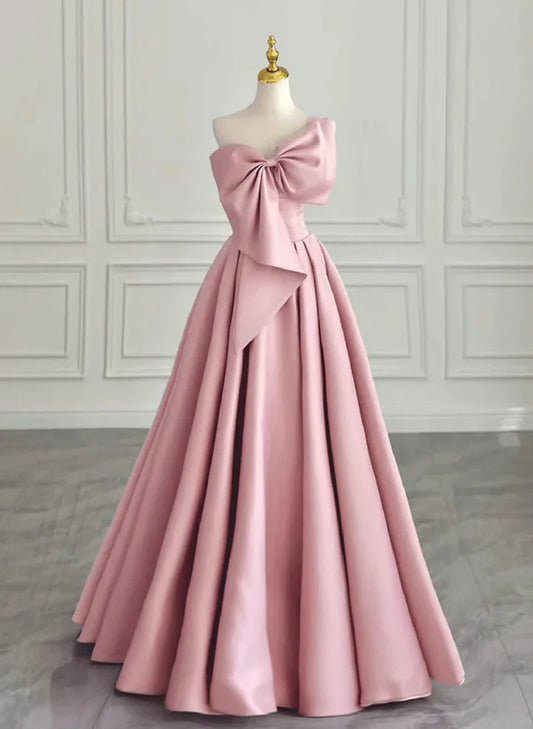 Beaira Pink Satin Long A-line Prom Dress Pink Satin Party Dress Evening Dress