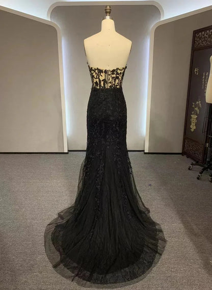 Beaira Black Mermaid Sweetheart Lace Long Evening Dress Black Prom Dress