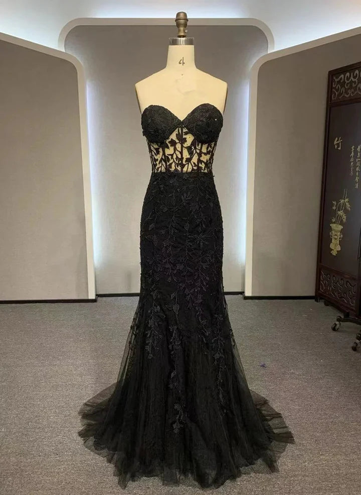 Beaira Black Mermaid Sweetheart Lace Long Evening Dress Black Prom Dress