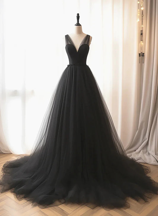 Beaira Black Tulle V-neckline Long Party Dress Black Tulle Long Prom Dress