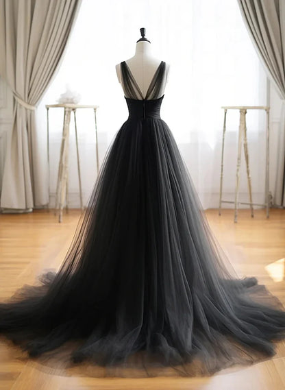 Beaira Black Tulle V-neckline Long Party Dress Black Tulle Long Prom Dress