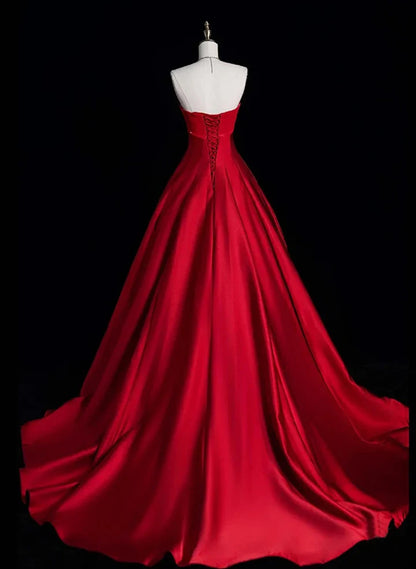 Beaira Red Satin A-Line Long Party Dress Evening Dress Red Prom Dress