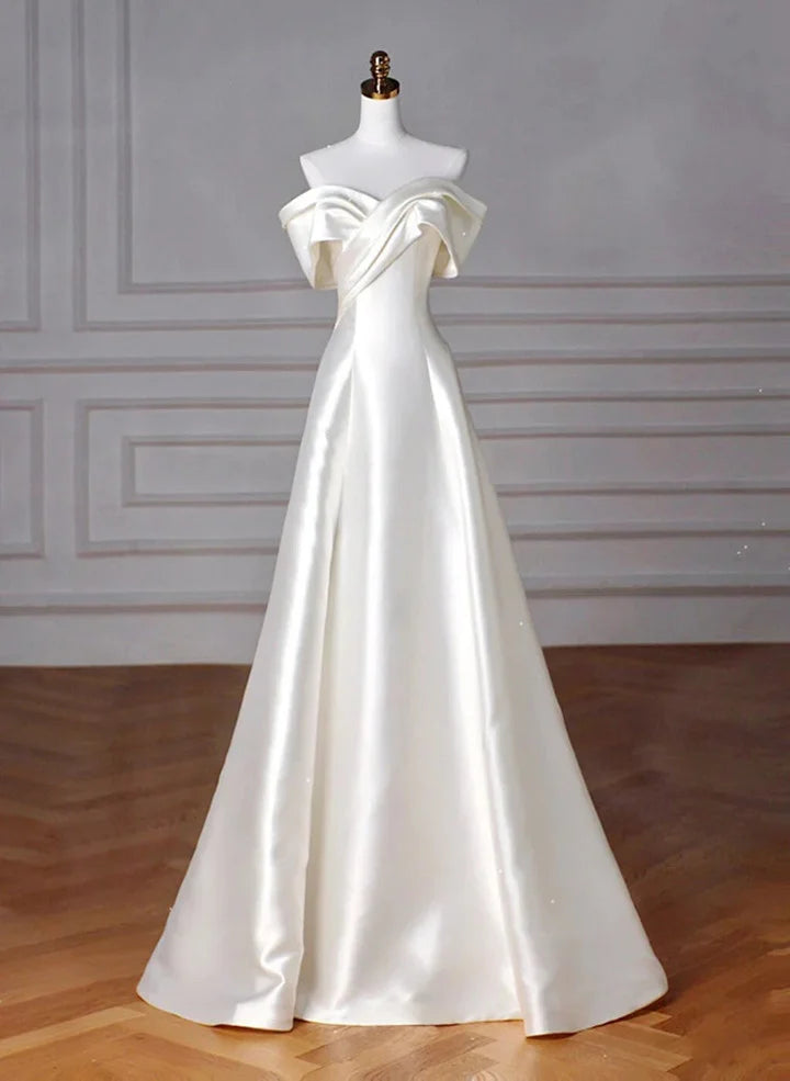 Beaira Ivory Satin Off Shoulder Simple Long Wedding Party Dress Ivory Prom Dress