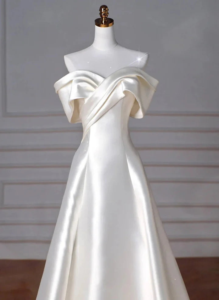 Beaira Ivory Satin Off Shoulder Simple Long Wedding Party Dress Ivory Prom Dress