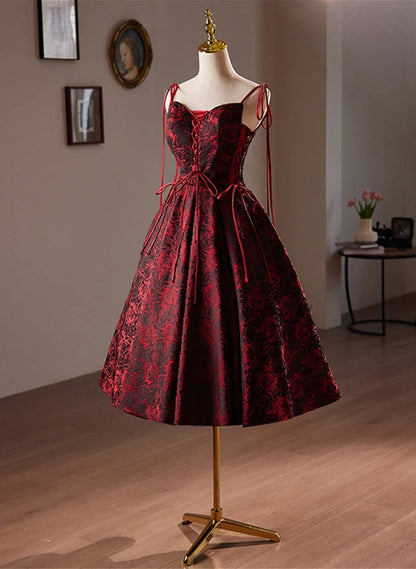 Beaira Wine Red Floral Satin Straps Knee Length Party Dress Wine Red Homecoming Dress