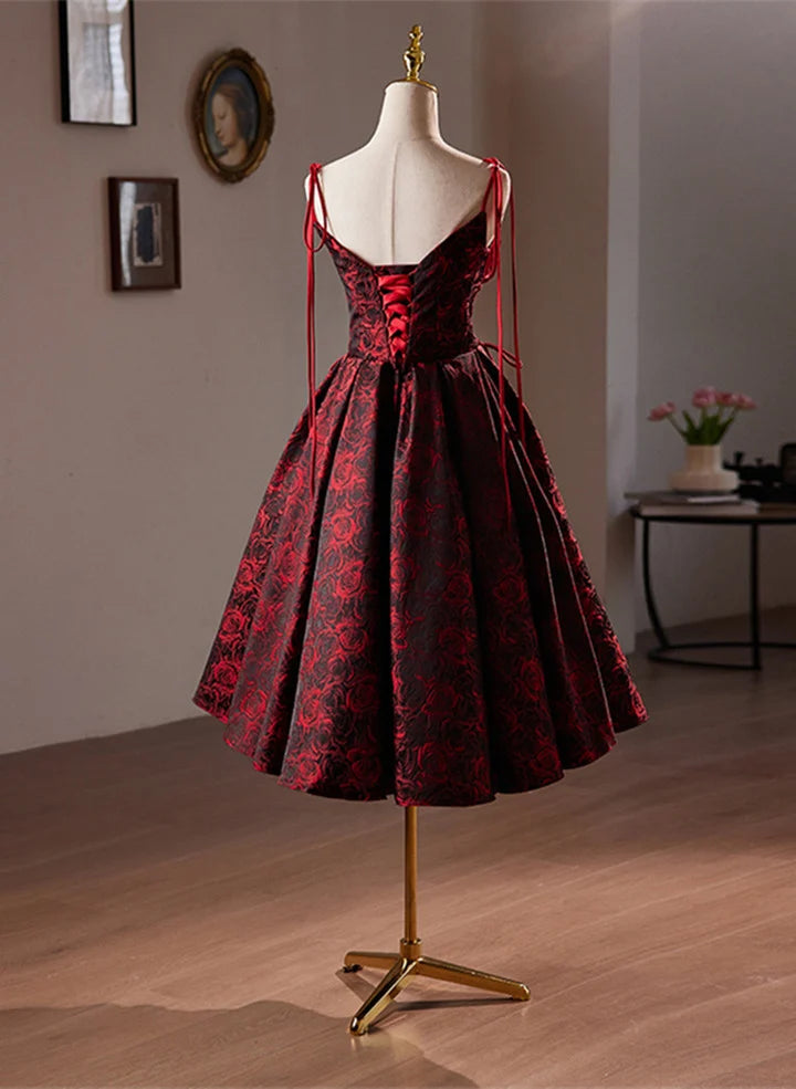 Beaira Wine Red Floral Satin Straps Knee Length Party Dress Wine Red Homecoming Dress